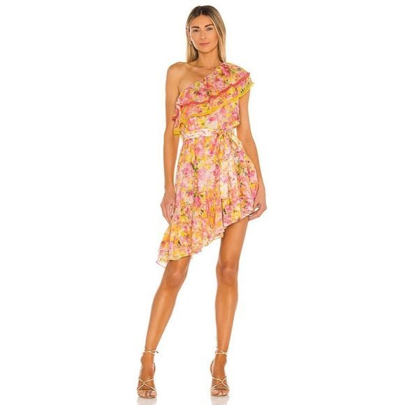 ROCOCO SAND Georgette One Shoulder Ruffled Dress In Yellow - Small - Picture 3 of 5